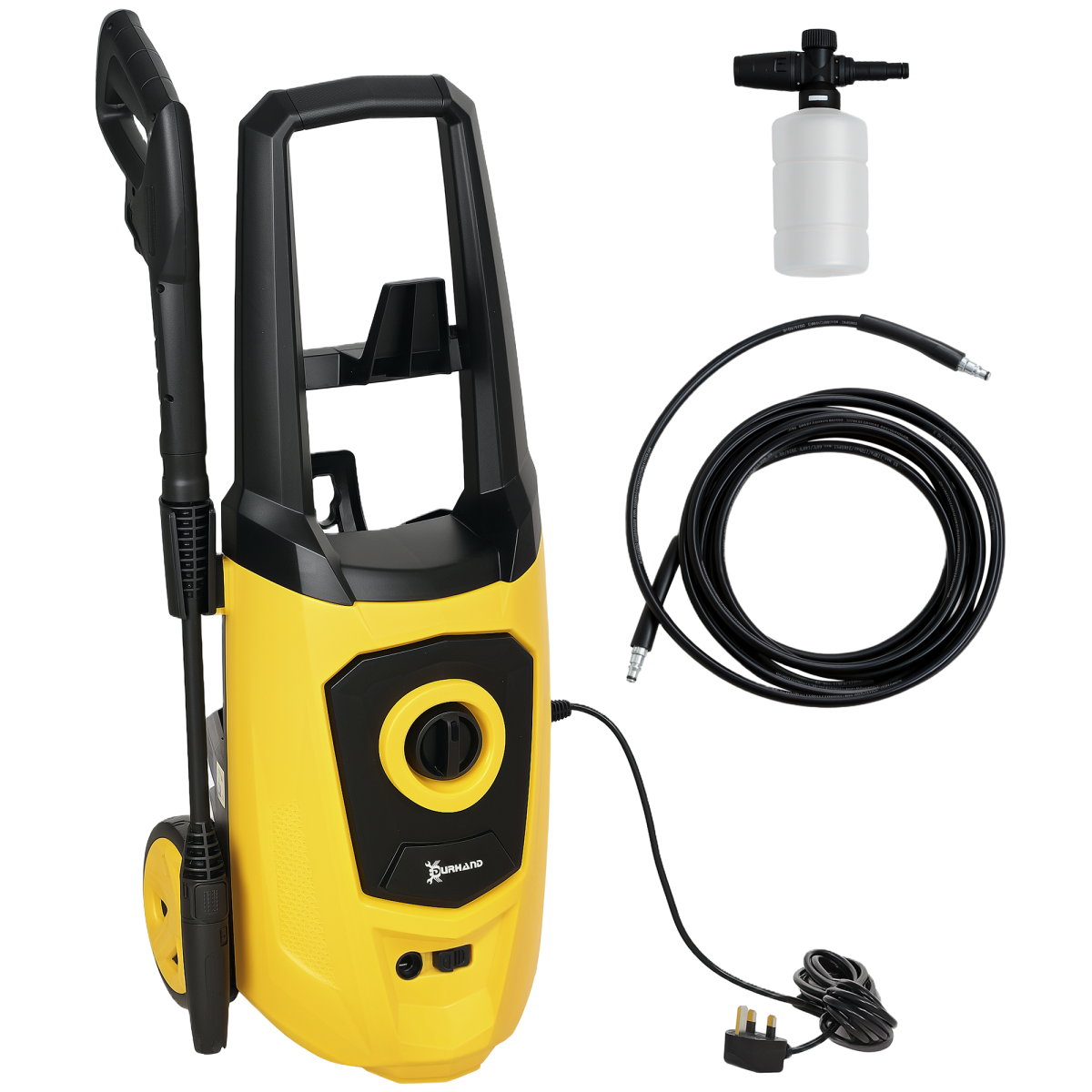 DURHAND 1800W Pressure Washer 150 Bar, 510 L/h with Hose Reel and Snow Foam Bottle – Yellow and Black