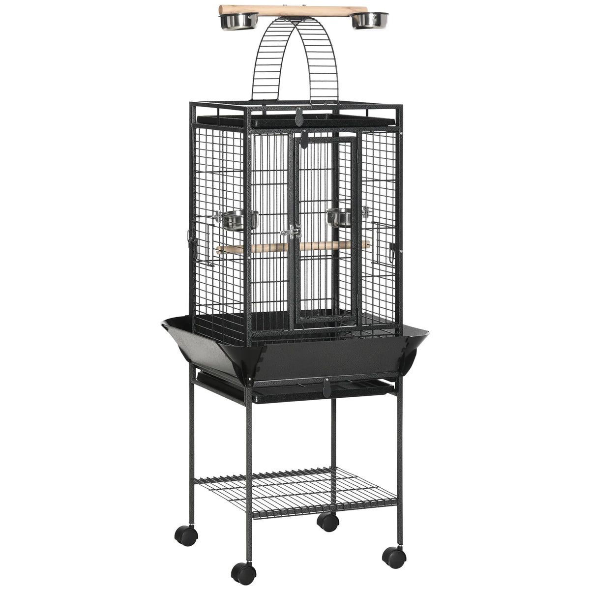 PawHut 156cm Parrot Cage with Open Play Top, Perches, Seed Guard & Wheels – Large Bird Cage, Dark Grey