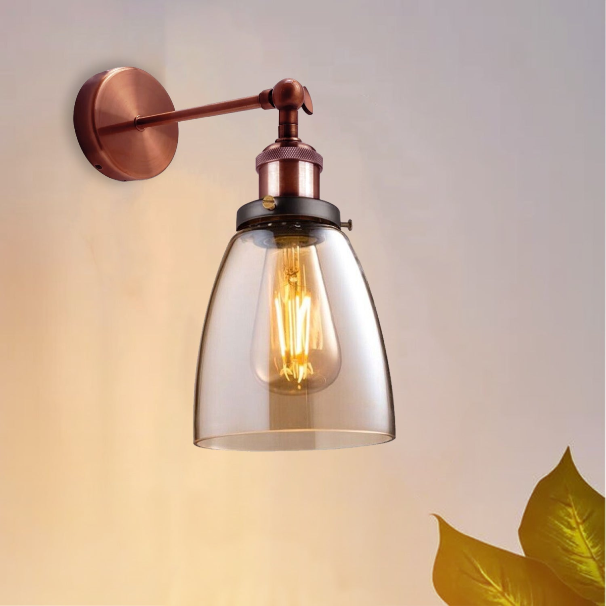 LEDSone Adjustable Amber Glass Wall Light with Copper-Plated Base – Modern Bell Wall Sconce, E27