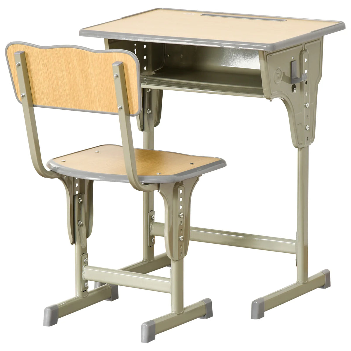 HOMCOM Height Adjustable Kids Desk and Chair Set with Storage, Bag Hook & Pen Holder – Ages 6-12, Grey