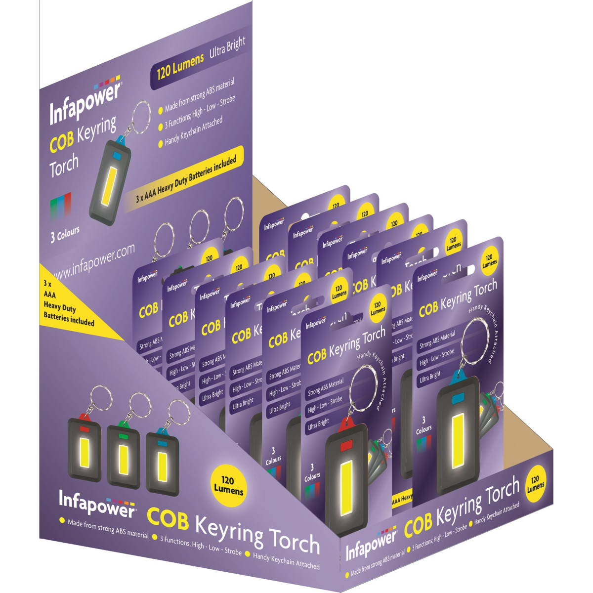 Infapower COB Keyring Torch, Box of 12 – 120 Lumen LED with 3 Modes, Assorted Colours