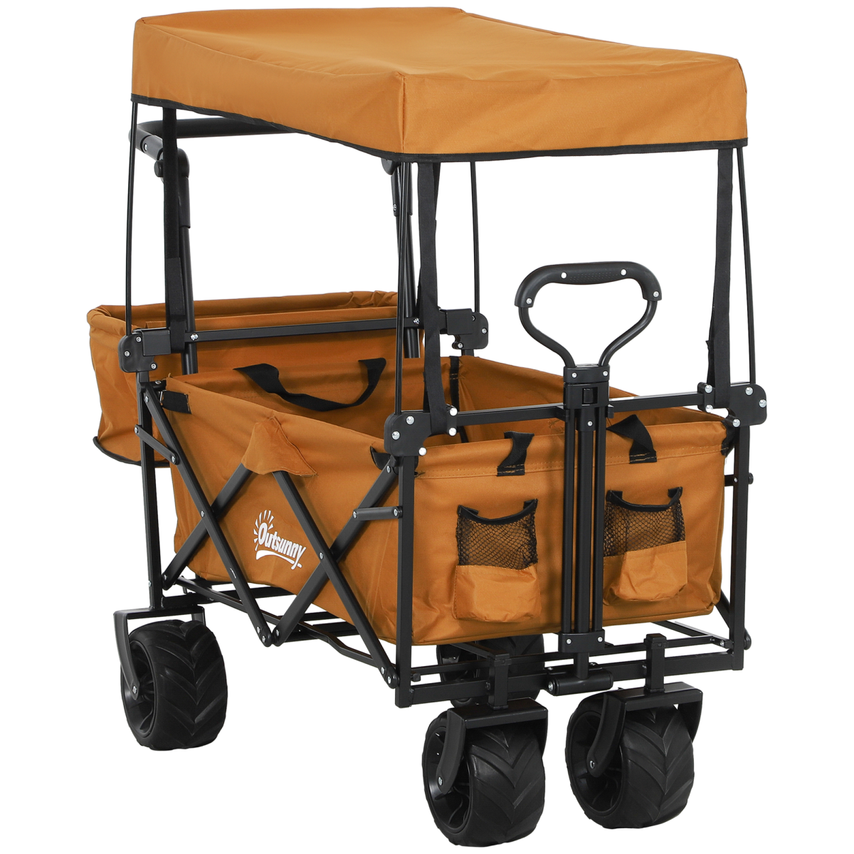 Outsunny Folding Utility Cart with Canopy, 68kg Capacity, Steel Frame & EVA Wheels – Garden Trolley, Orange