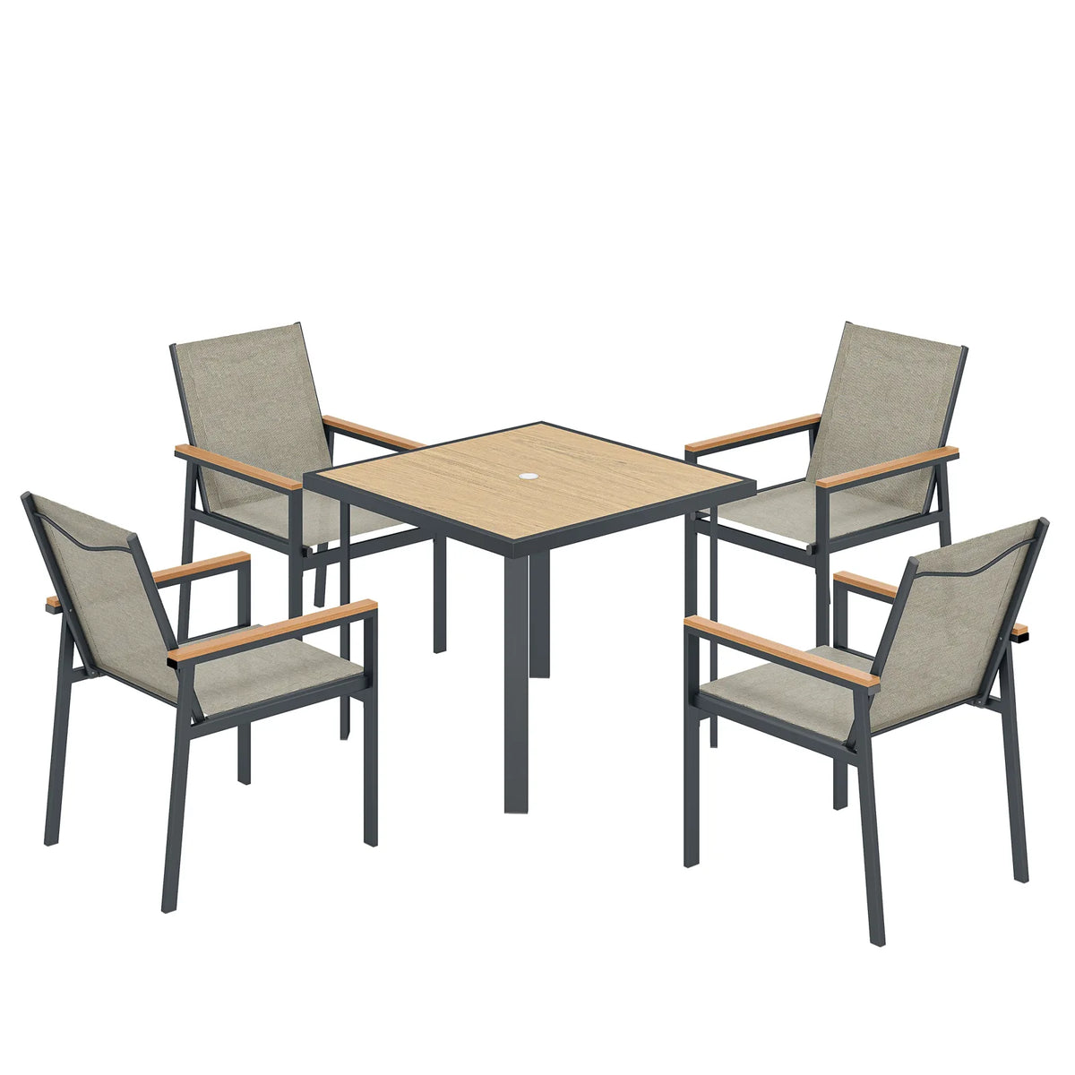 Outsunny 5 Piece Garden Dining Set with Tempered Glass Table and 4 Armchairs, Khaki