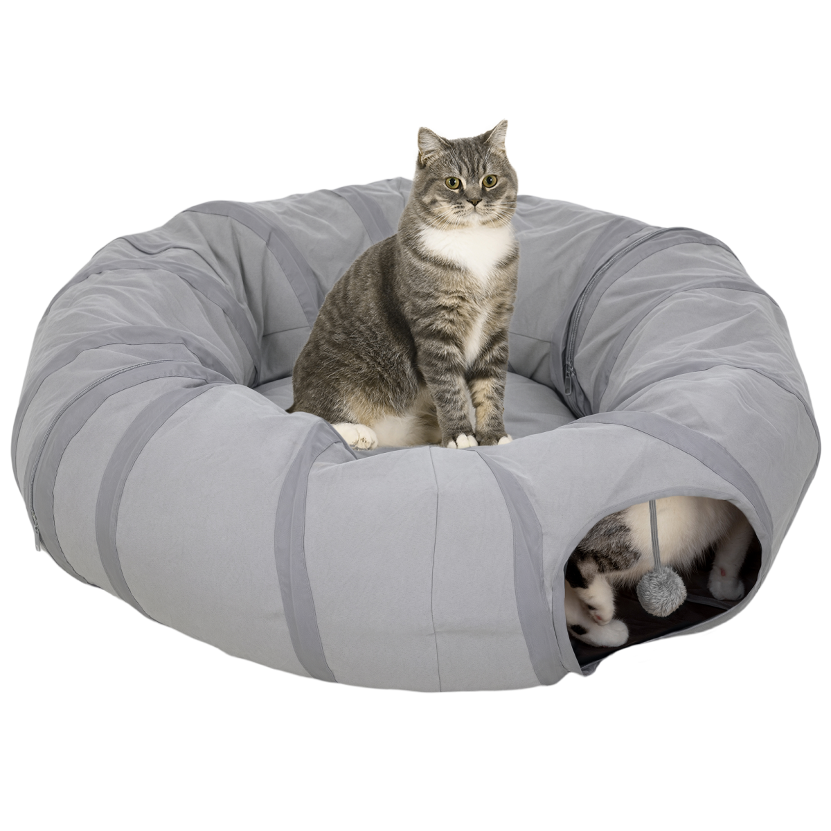 PawHut 2-in-1 Cat Tunnel with Bed, Zip-Together Play Tunnel with Hanging Toy Ball for Indoor Cats, Grey
