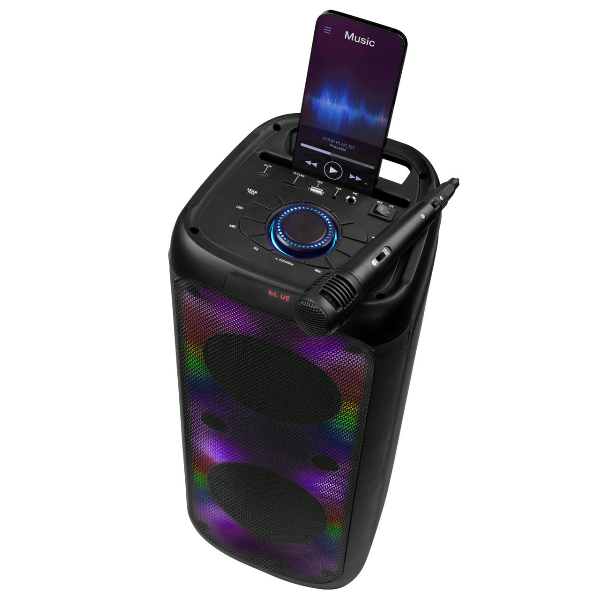 Intempo Bluetooth Karaoke Speaker WDS 580 with Wired Microphone, LED Lights & Phone Stand – 100W Party Speaker