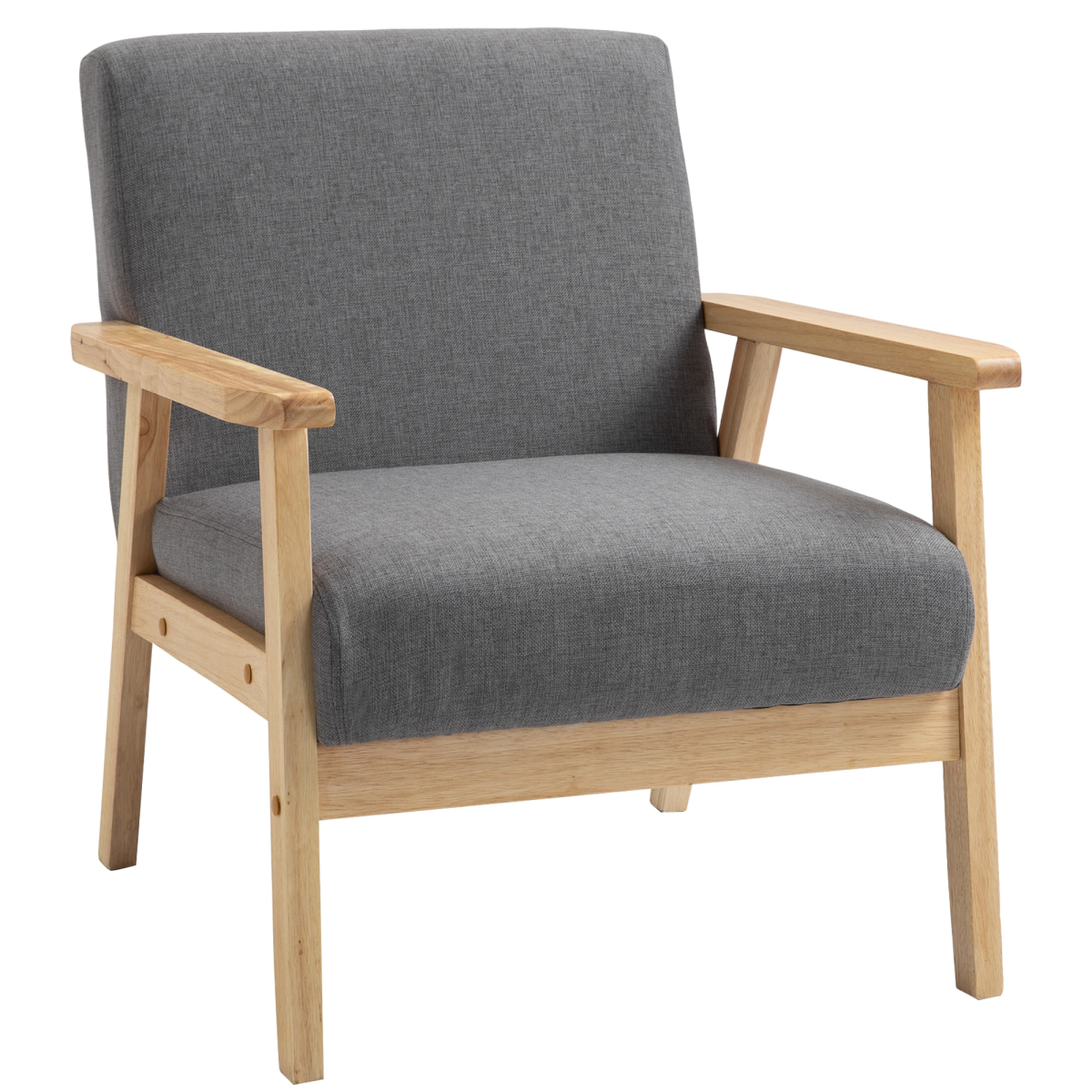 HOMCOM Linen Upholstered Accent Armchair with Solid Pine Wood Frame and Thick Cushions – Grey/Oak