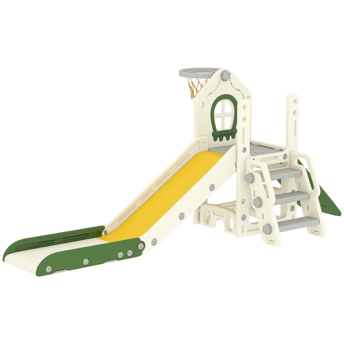 AIYAPLAY Foldable 5 in 1 Toddler Slide with Ladder, Climbing Wall, Basketball Hoop and Storage – Cream