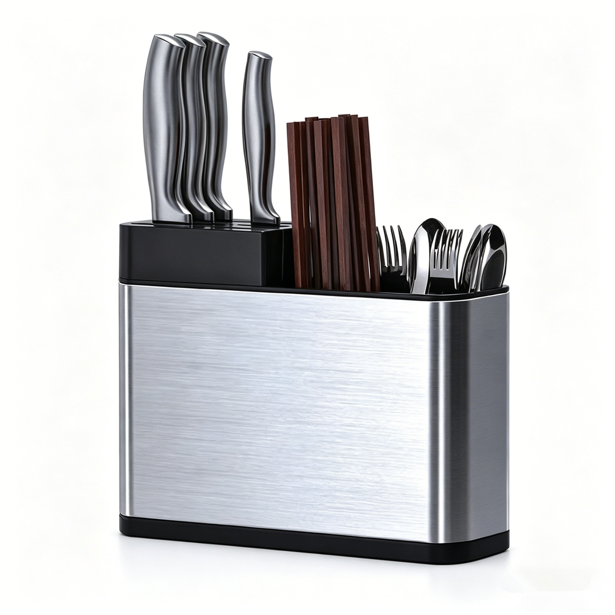 Stainless Steel Cutlery Holder with 3 Compartments – Free-Standing Knife Block and Utensil Organiser, Silver