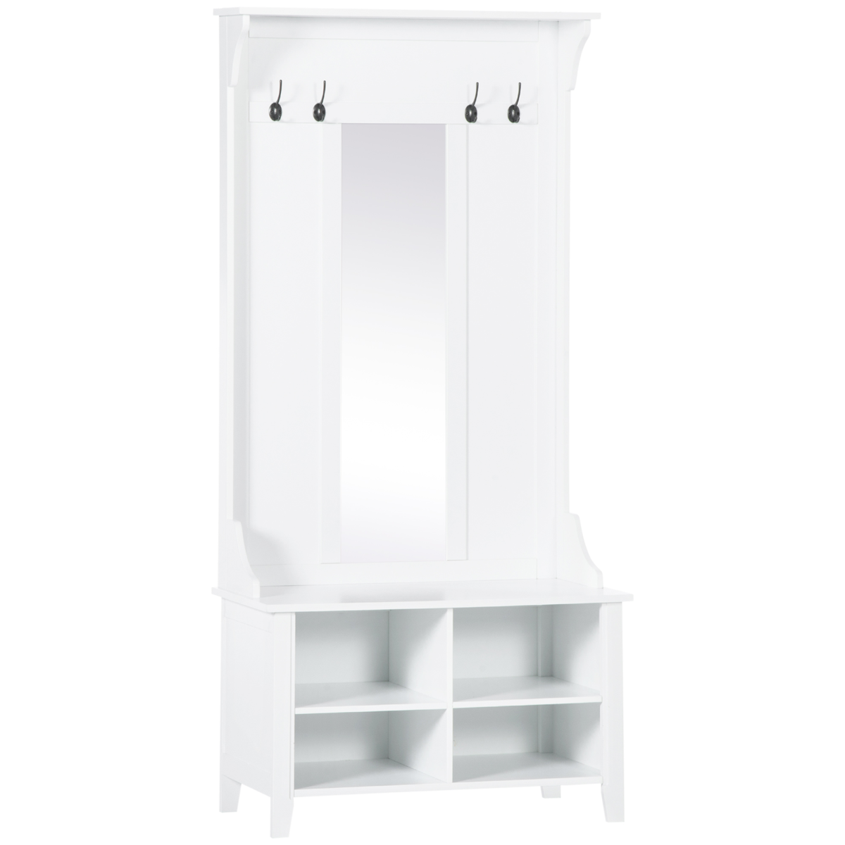 HOMCOM 3-in-1 Mirrored Shoe Cabinet with Bench, Coat Hooks and 4 Storage Cubes – White, 80cm