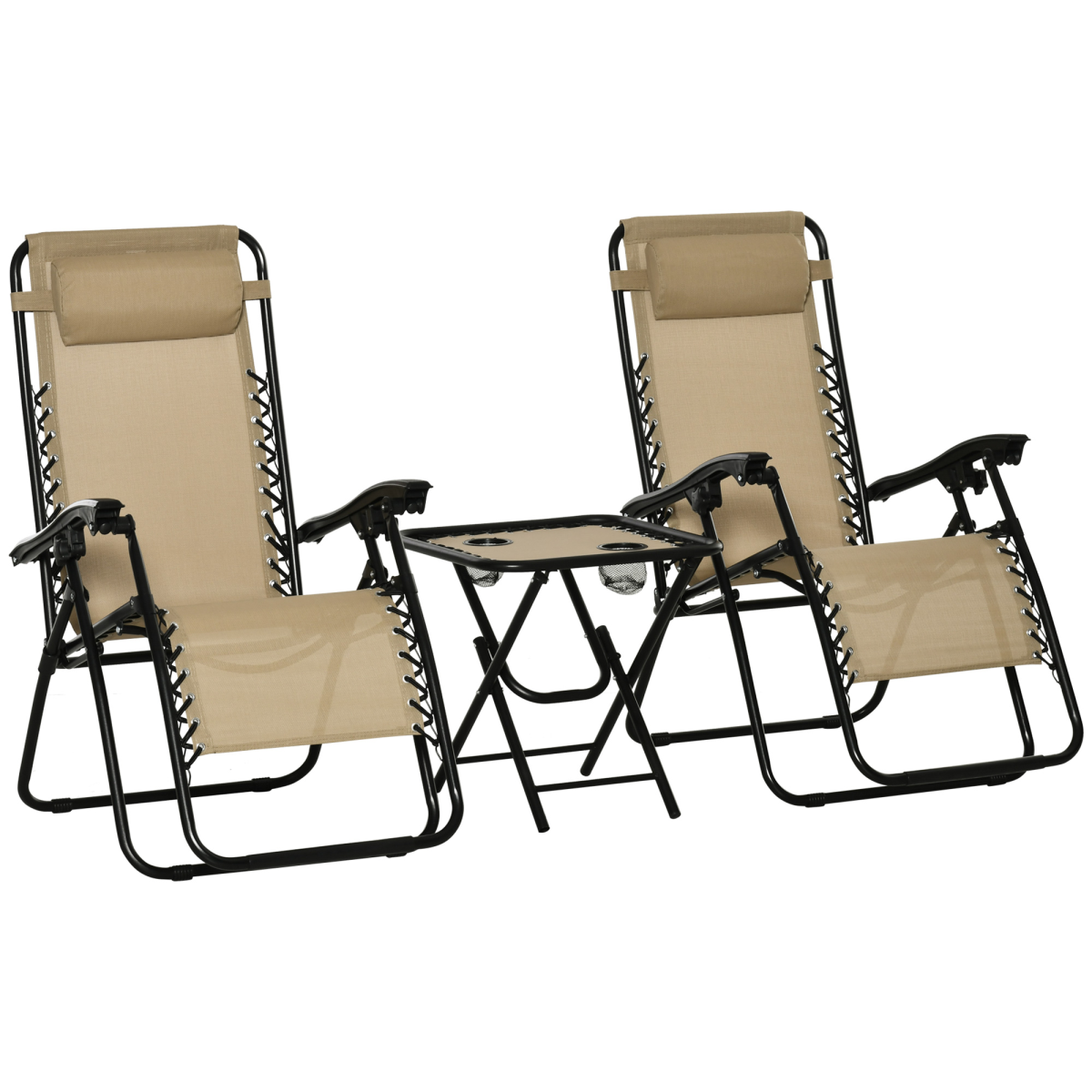 Outsunny 3-Piece Zero Gravity Chairs and Side Table Set with Cup Holders – Foldable Garden Sun Loungers, Beige