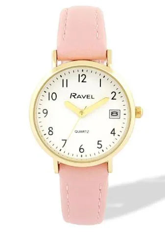Ravel Ladies Gold-Tone Dated Watch with White Dial and Pink Faux Leather Strap