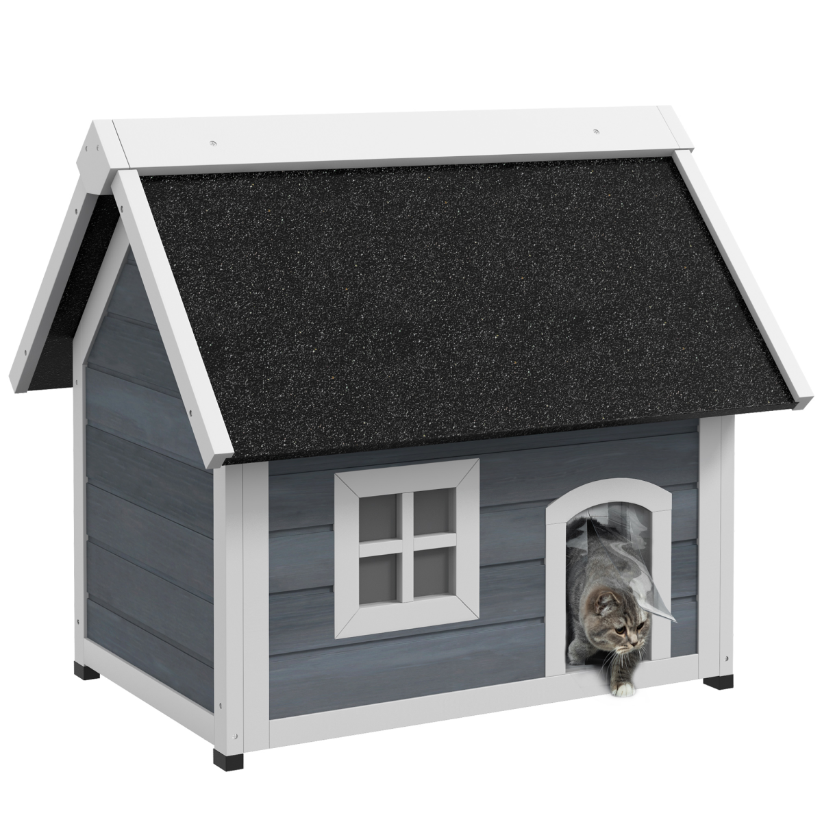 PawHut Outdoor Feral Cat House with Openable Asphalt Roof and Three Doors – Fir Wood Shelter, Grey