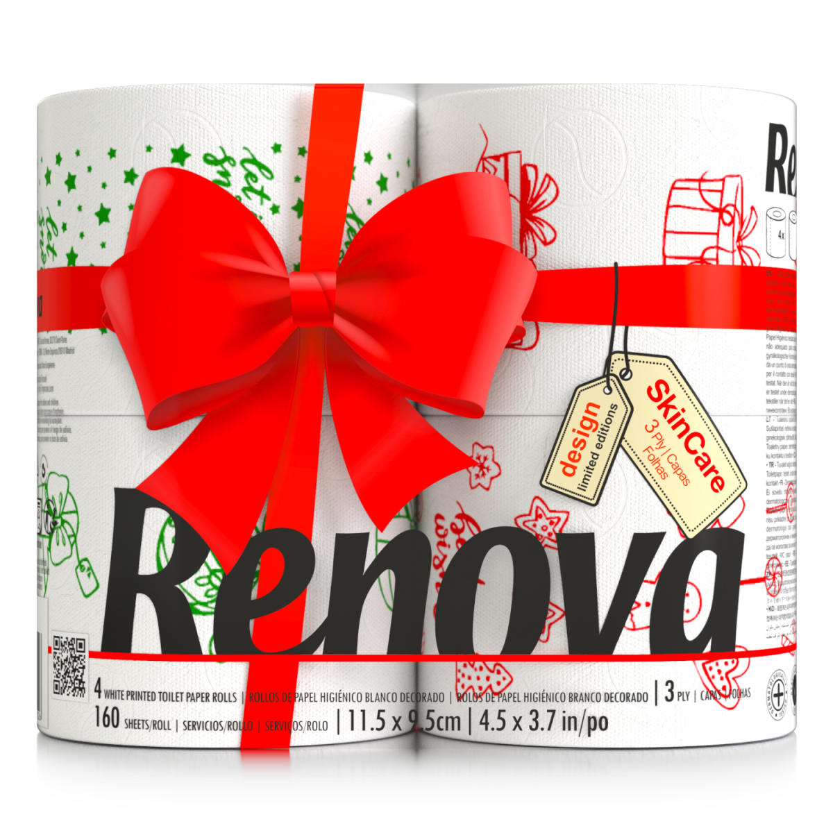 Renova Christmas Toilet Rolls 4 Pack – Festive Illustrated Soft White Tissue, 160 Sheets per Roll