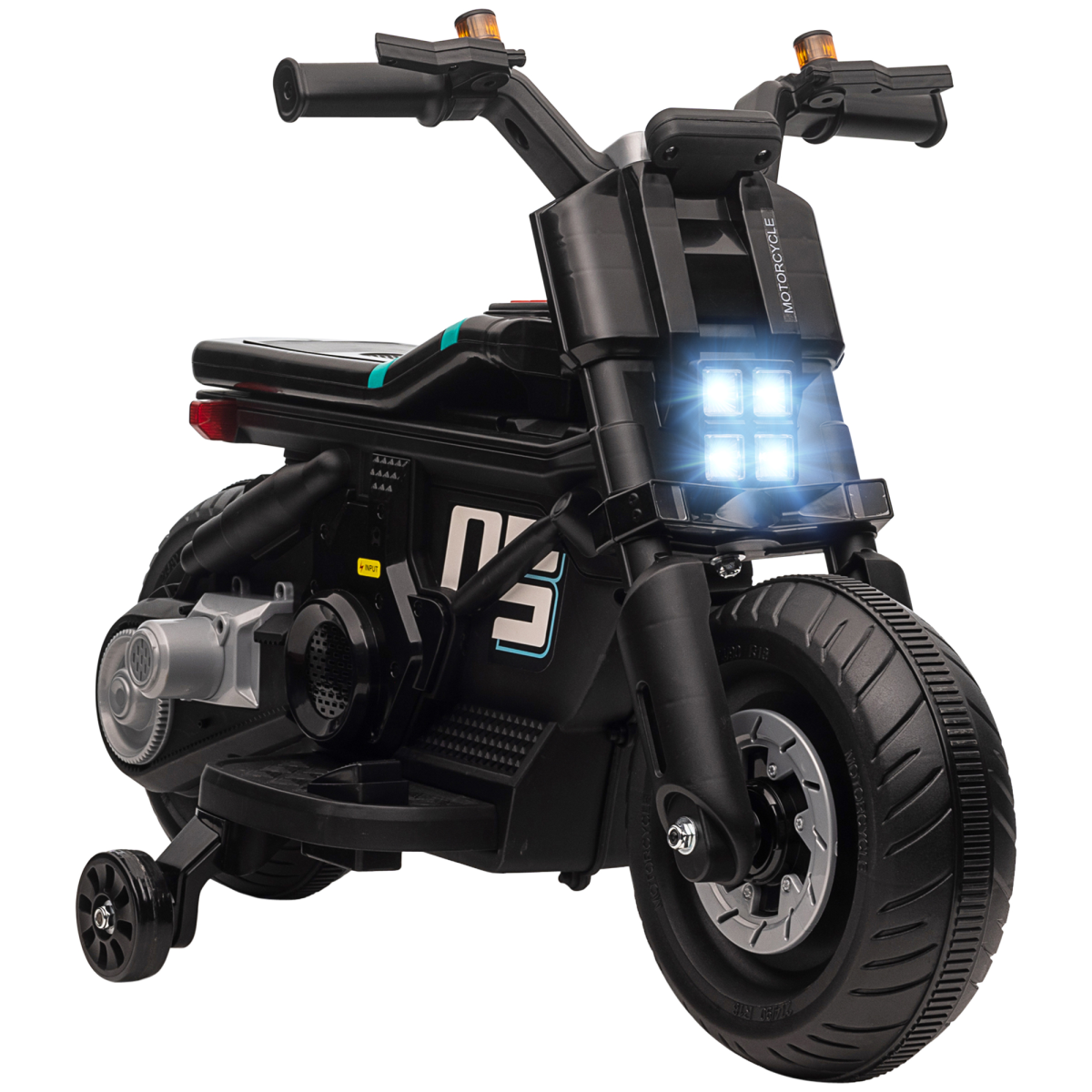 6V Kids Electric Motorbike with Training Wheels – Ride-On Toy with Horn, Siren, Music & Headlights for 3-5 Years, Black