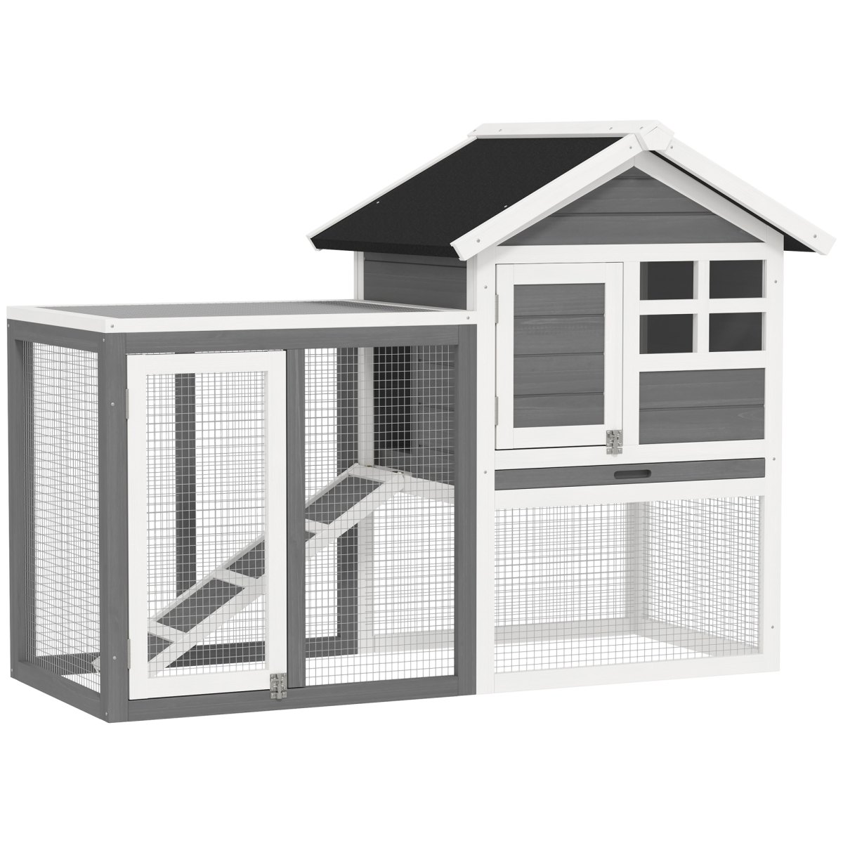 PawHut 122cm Wooden Rabbit Hutch with Run, Pull-Out Tray & Two Doors – Outdoor Small Animal House