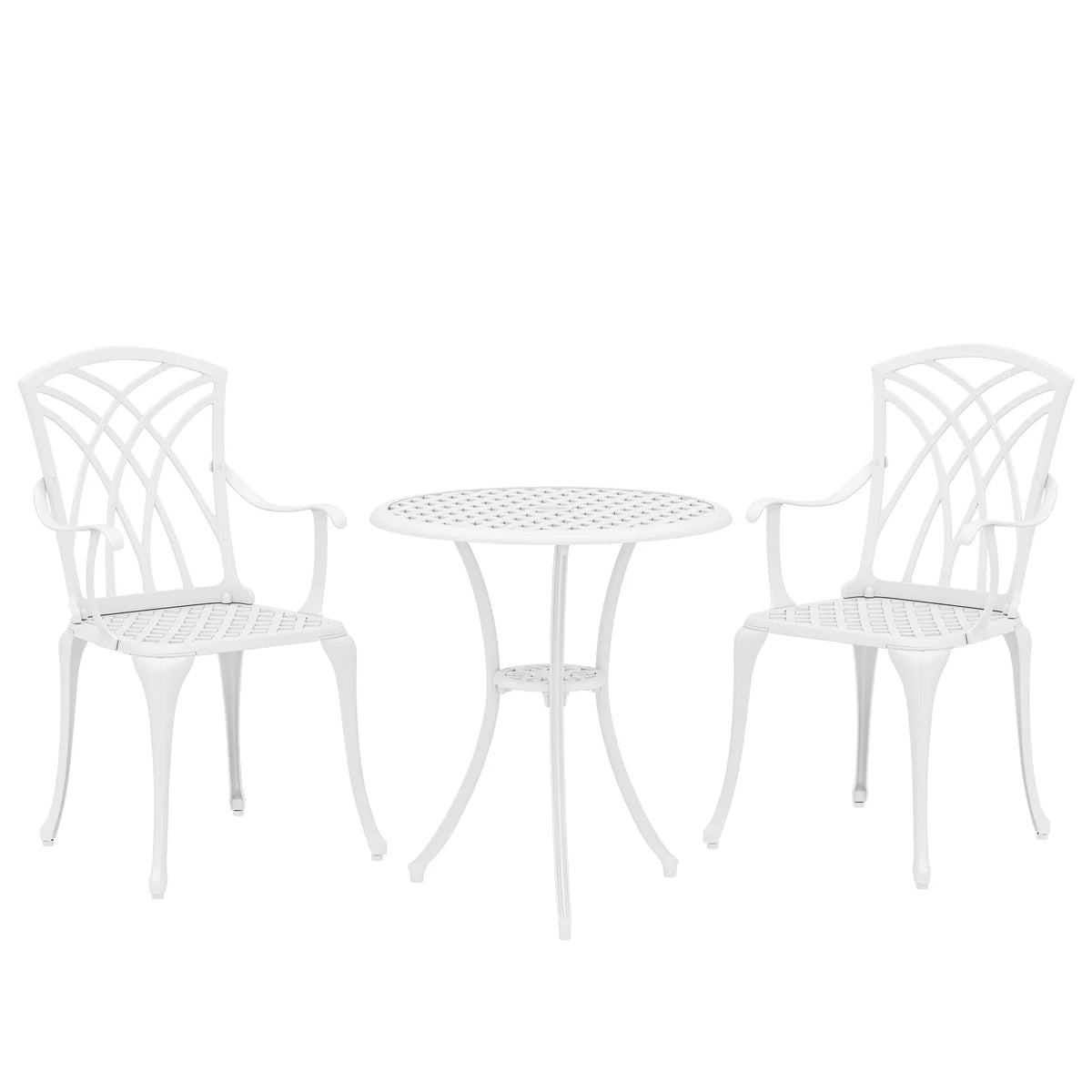 Outsunny 3 Piece Cast Aluminium Garden Bistro Set with 2 Chairs and Round Table with Parasol Hole, White