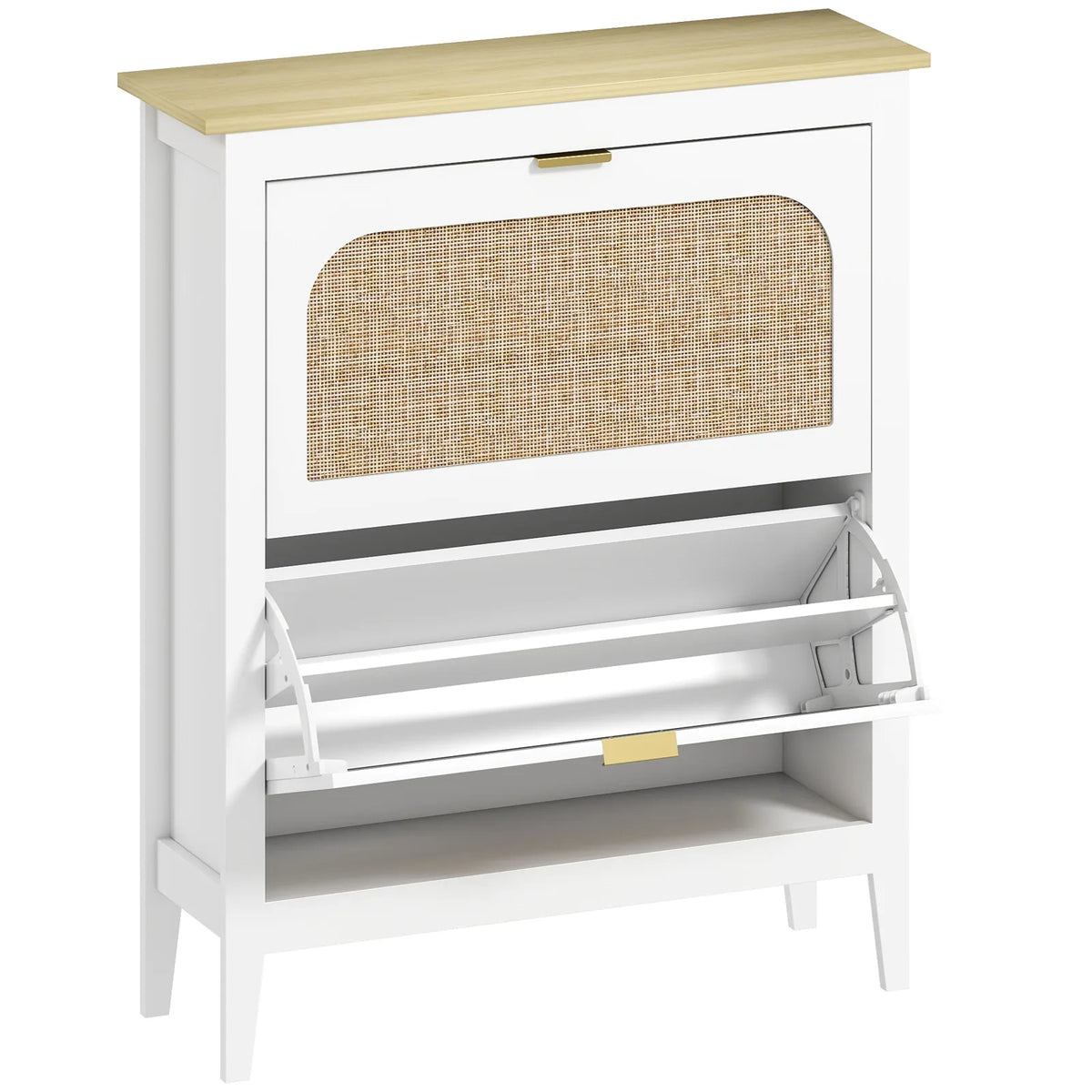 HOMCOM Boho Slim Shoe Cabinet with 2 Flip Drawers and Rattan Doors – Holds 14 Pairs, White