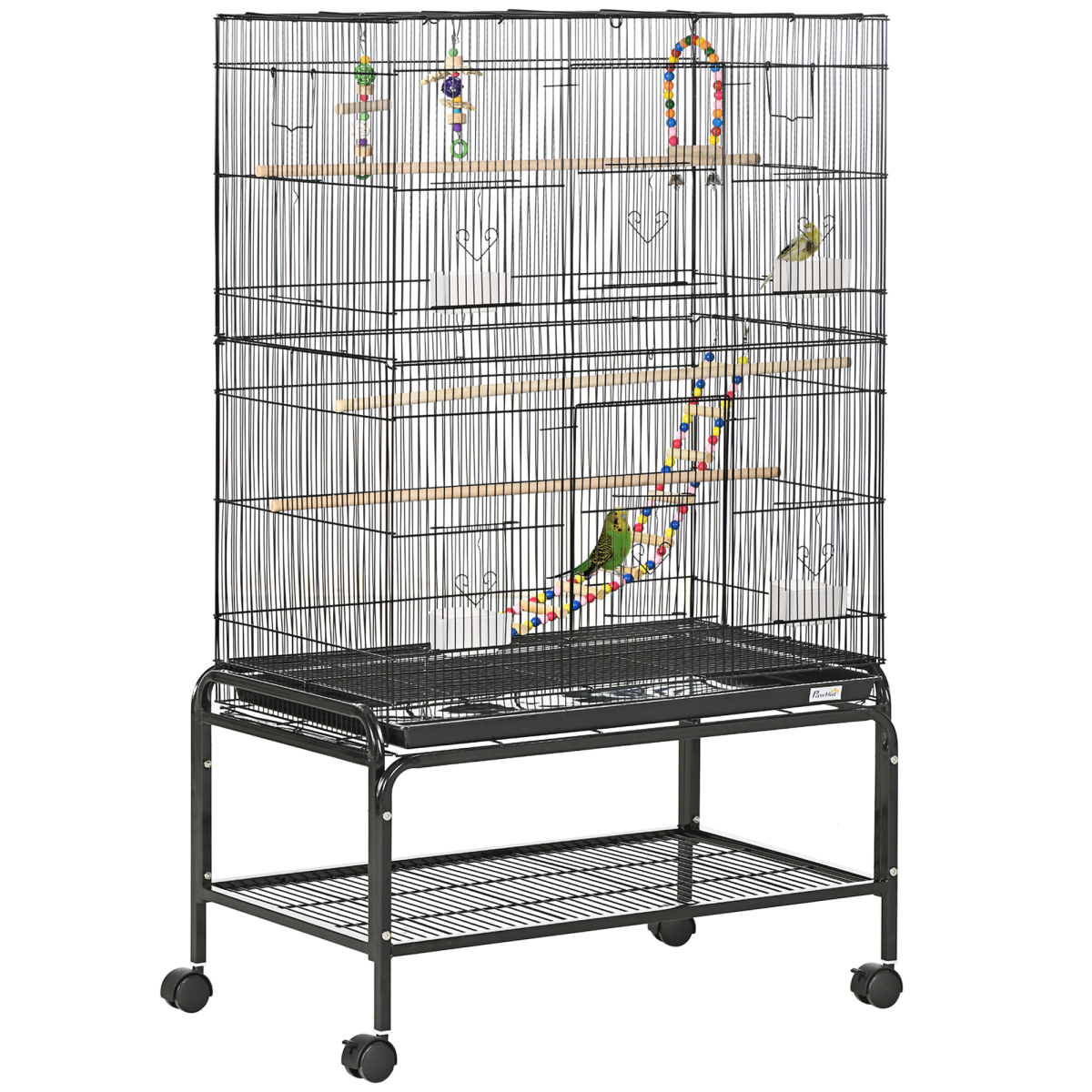 PawHut Bird Cage with Stand, Wheels, Toys & Swing – Steel Cage for Budgies, Finches, Canaries & Parakeets
