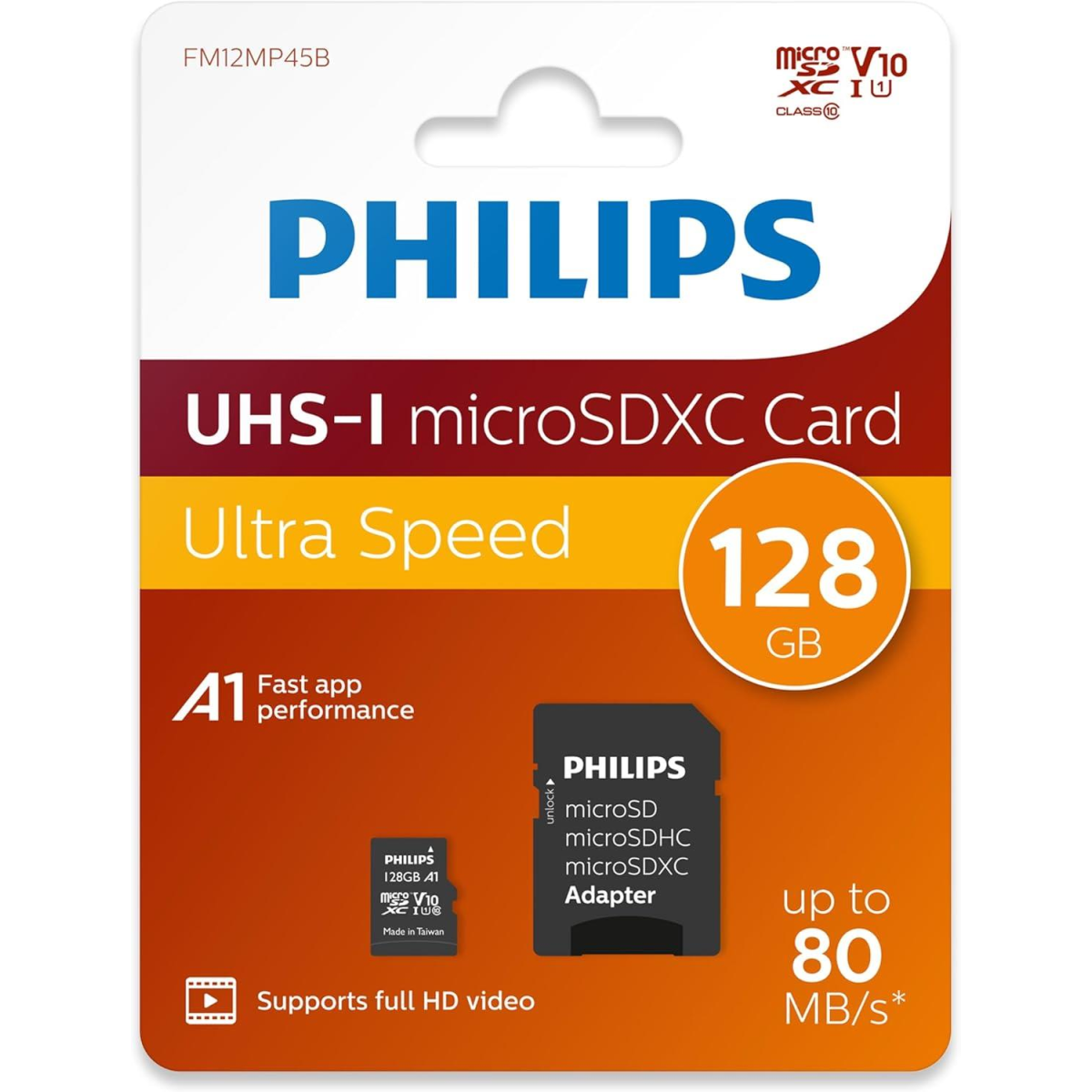 Philips Micro SDXC Card 128GB Class 10 UHS-I U1 with SD Adaptor – Fast Storage for Phones and Tablets