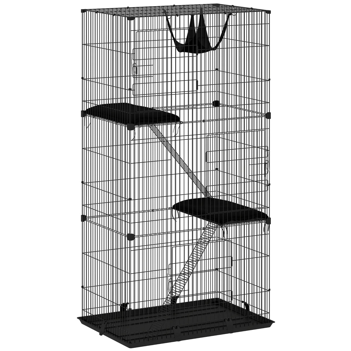 PawHut 3-Tier Large Cat Cage with Hammock, Platforms, Tray and Cushions – Detachable Metal Kennel for 1–2 Cats