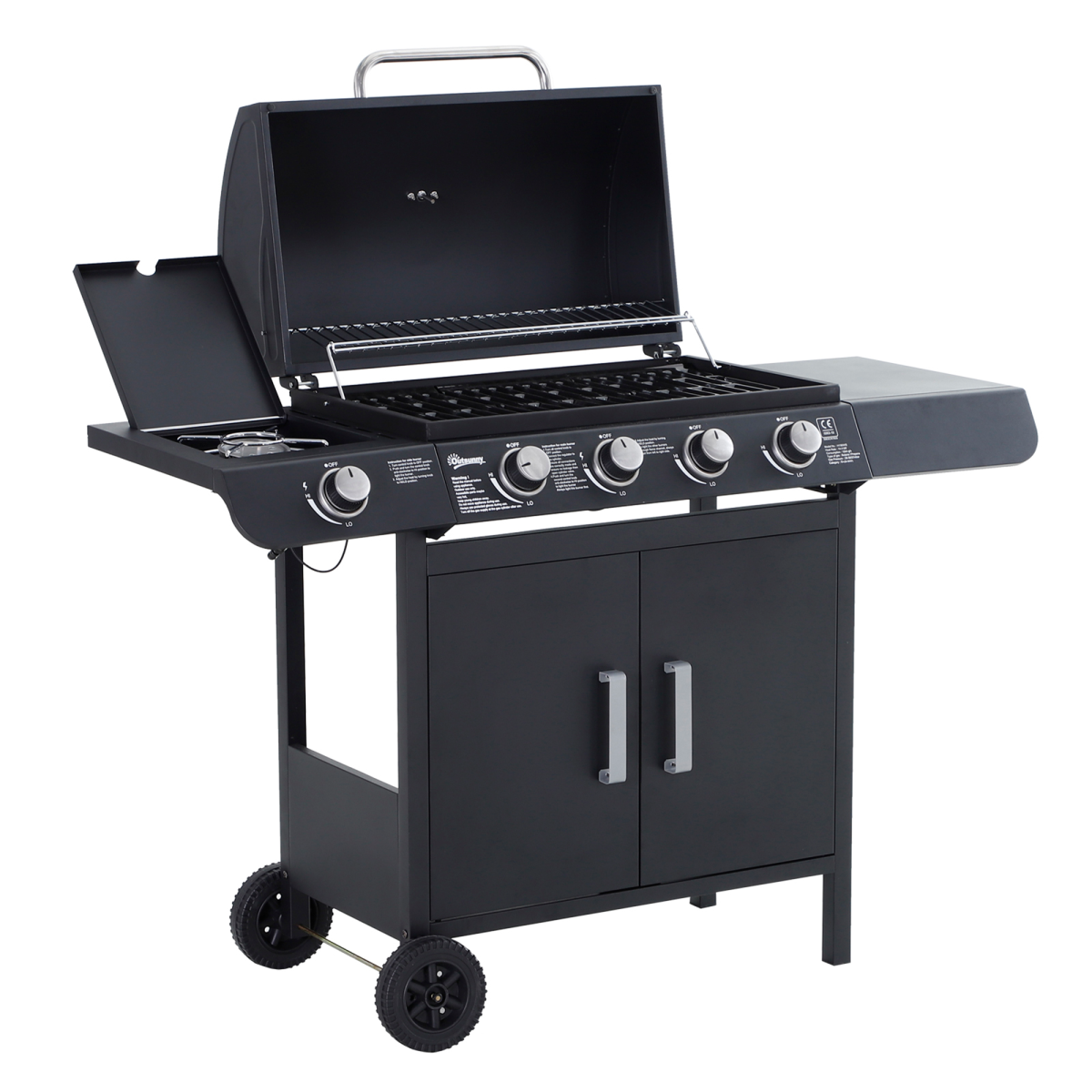 Outsunny 4+1 Burner Gas BBQ Grill with Side Burner, Thermometer & Storage Cupboard – Wheeled Steel Barbecue, Black