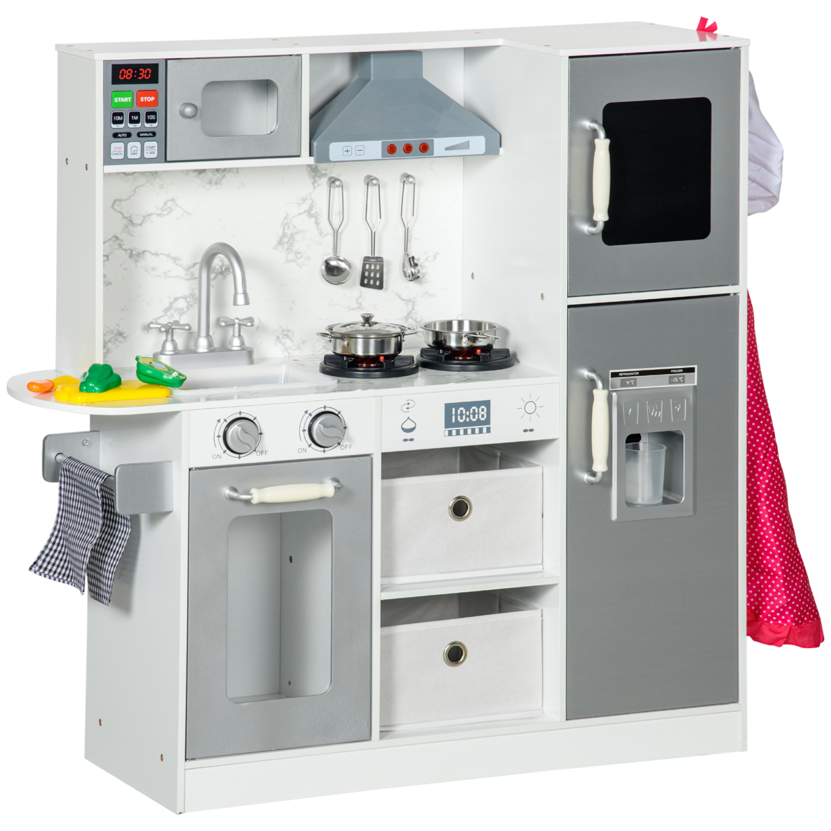 AIYAPLAY Toy Kitchen Playset with Lights, Sounds, Apron & Chef Hat – Kids Role Play Kitchen, White