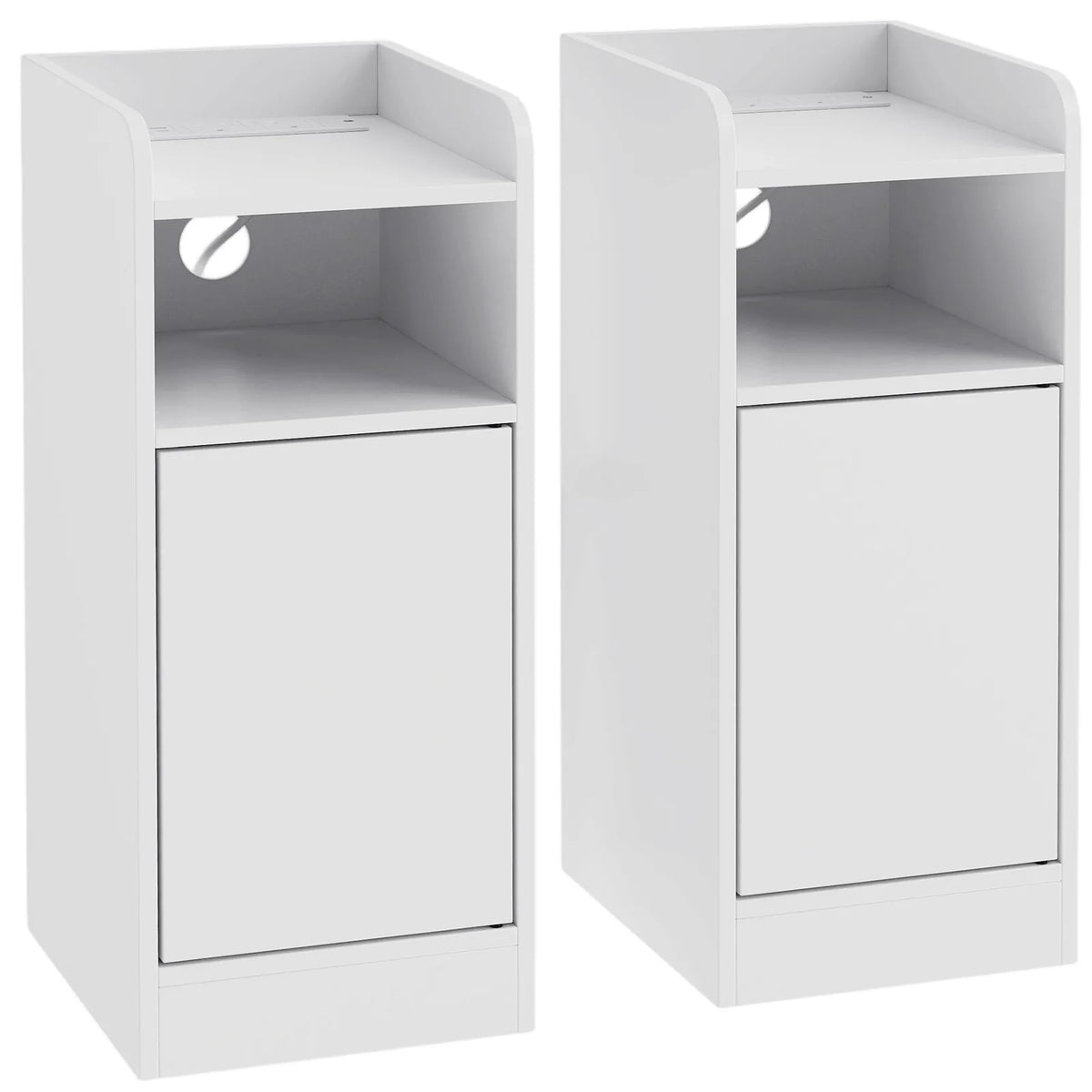 HOMCOM Slim Bedside Table Set of 2 with Charging Station and Adjustable Shelf – Narrow Cabinets, White