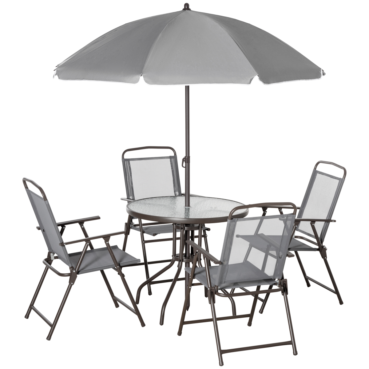 Outsunny 6-Piece Patio Dining Set with Parasol, 4 Folding Chairs and Tempered Glass Table – Steel Frame