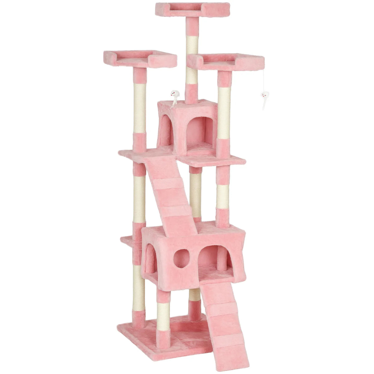 PawHut 173 cm Cat Tree with Scratching Boards and Two Cat Houses – Tall Activity Play Centre, Pink