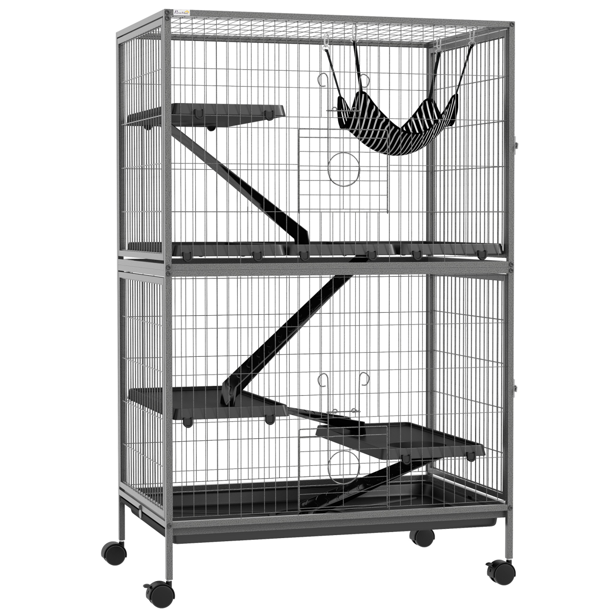 PawHut Multi-Level Small Animal Cage on Wheels with Hammock & Tray – Chinchilla, Ferret & Kitten Habitat, Grey