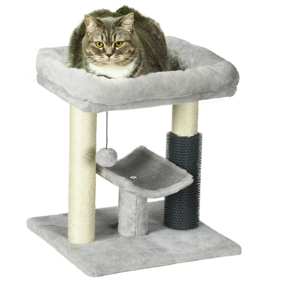 PawHut Small Cat Tree Tower with Sisal Scratching Posts, Bed, Perch, Self-Groomer and Toy – Grey