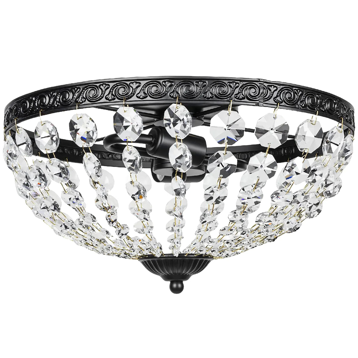 HOMCOM Vintage 2-Light Crystal Chandelier Flush Mount Ceiling Light with 168 Octagonal Beads – Black
