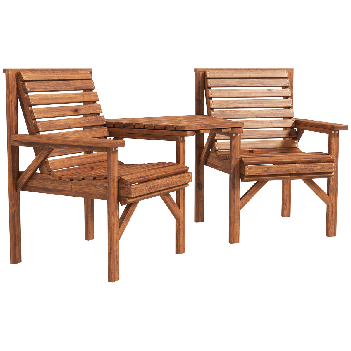 Outsunny Wooden Garden Love Seat Bench with Coffee Table & Parasol Hole – 2 Seater Fir Wood, Tan Brown