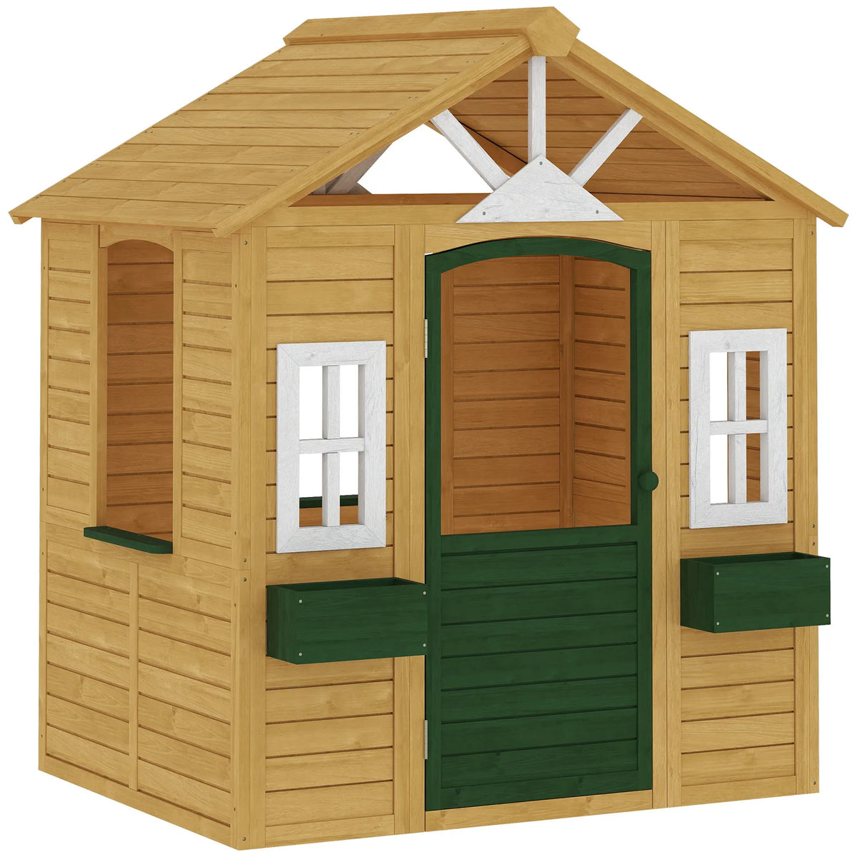 AIYAPLAY Kids Wooden Playhouse with Door, 3 Windows and 2 Flower Boxes – Garden Wendy House