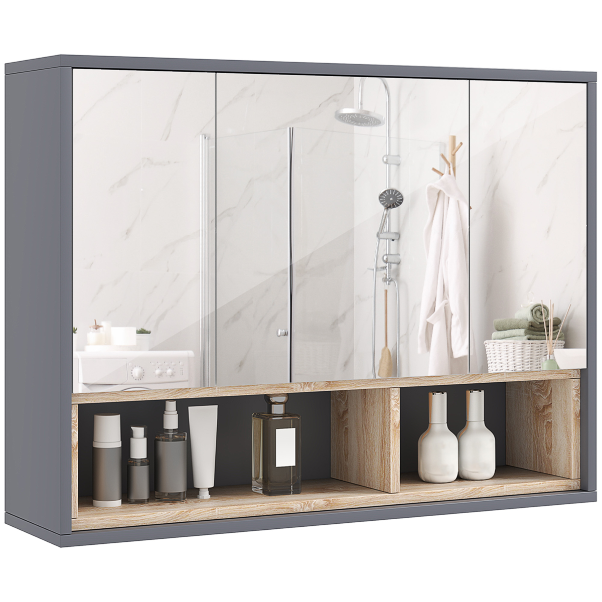 HOMCOM Wall-Mounted Bathroom Mirror Cabinet with Eight Compartments and Shelves, Grey