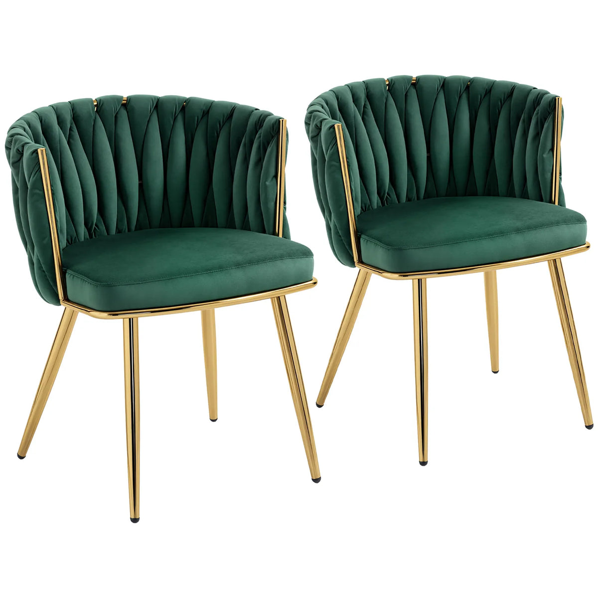 HOMCOM Set of 2 Velvet-Feel Dining Chairs with Knot Backrest and Golden Metal Legs, Dark Green