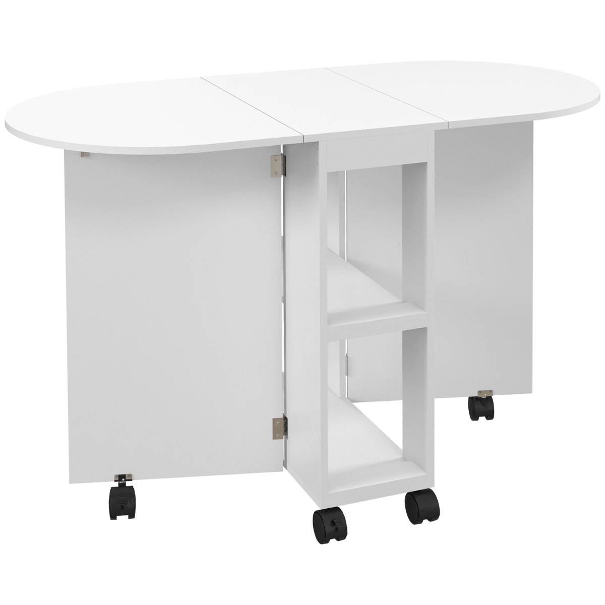 HOMCOM Folding Drop Leaf Dining Table with 2-Tier Shelves and Wheels – Space-Saving Kitchen Table, White