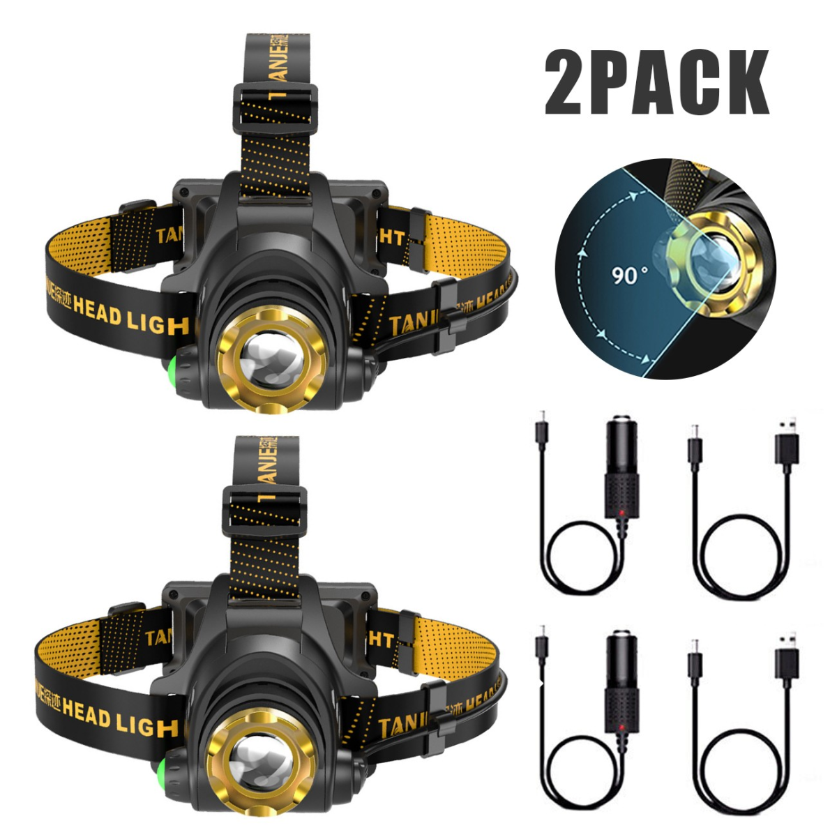 2 Pack USB Rechargeable LED Headlamps with 3 Light Modes & Zoomable Beam – Camping Head Torches, Chargers