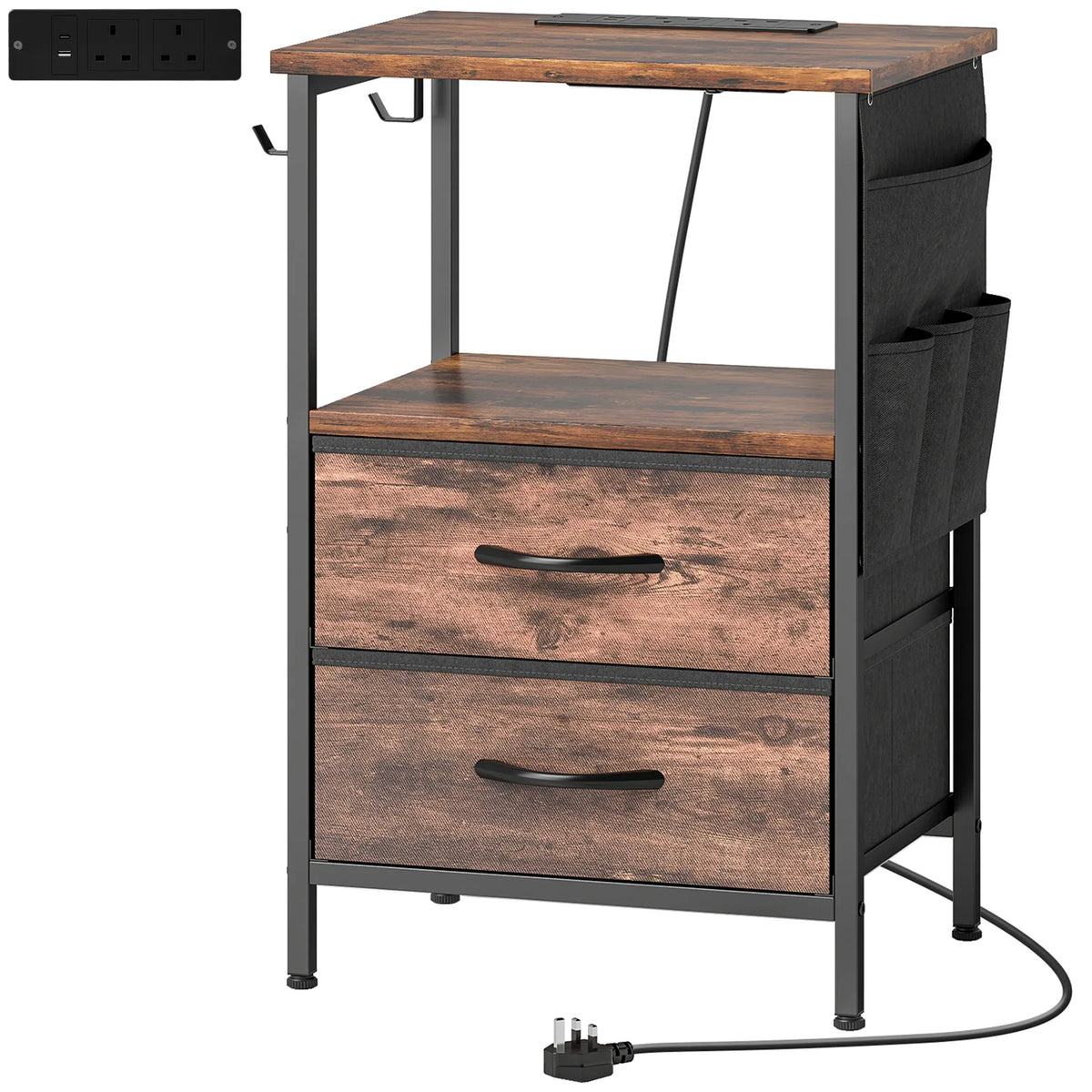 HOMCOM Slim Bedside Table with Charging Station, AC Outlets and USB Ports, Fabric Drawers – Rustic Brown