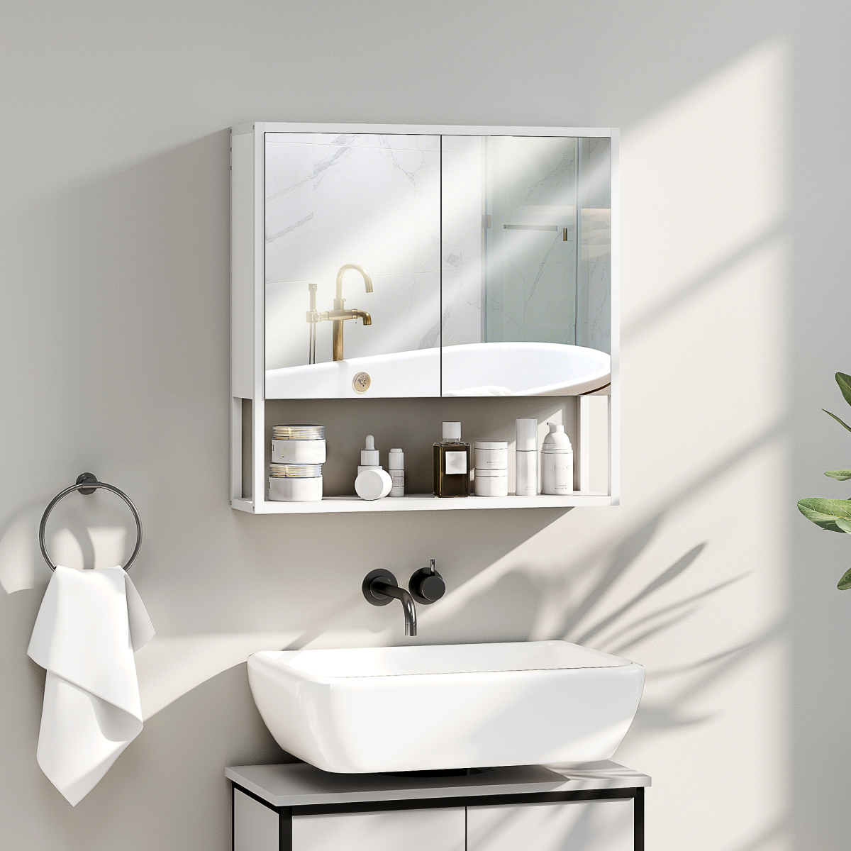 Wall Mounted Bathroom Mirror Cabinet with Soft-Close Doors & Adjustable Shelf – Storage Cupboard, White