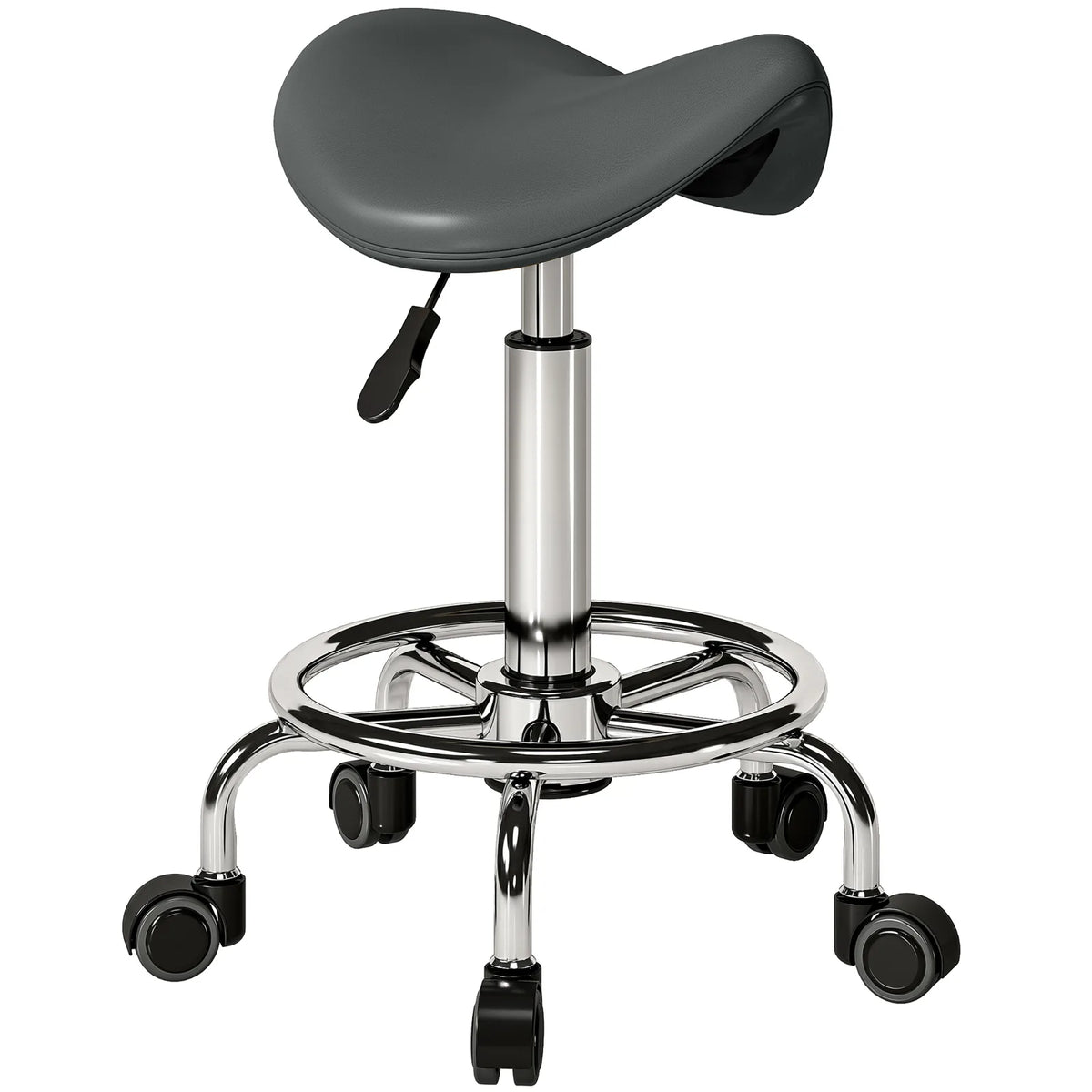 HOMCOM Salon Saddle Stool with Adjustable Height & Swivel Wheels – Massage, Spa & Beauty Chair, Grey