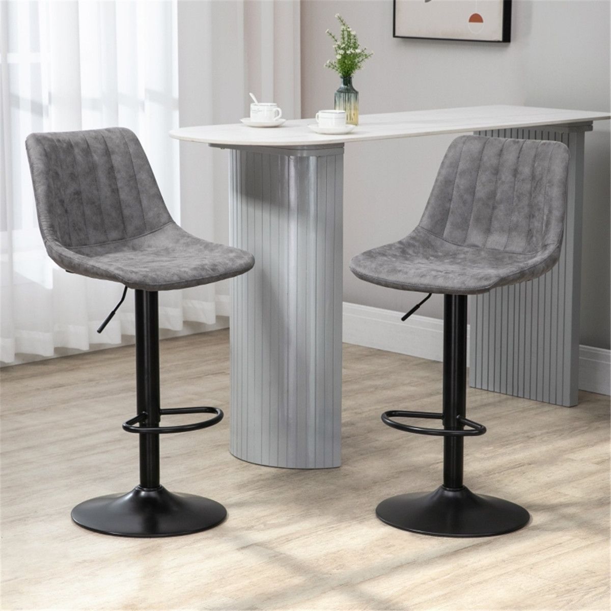 Set of 2 Bar Stools with High Back Tub Seats, Footrest & Round Base – Microfibre Kitchen Stools, Grey