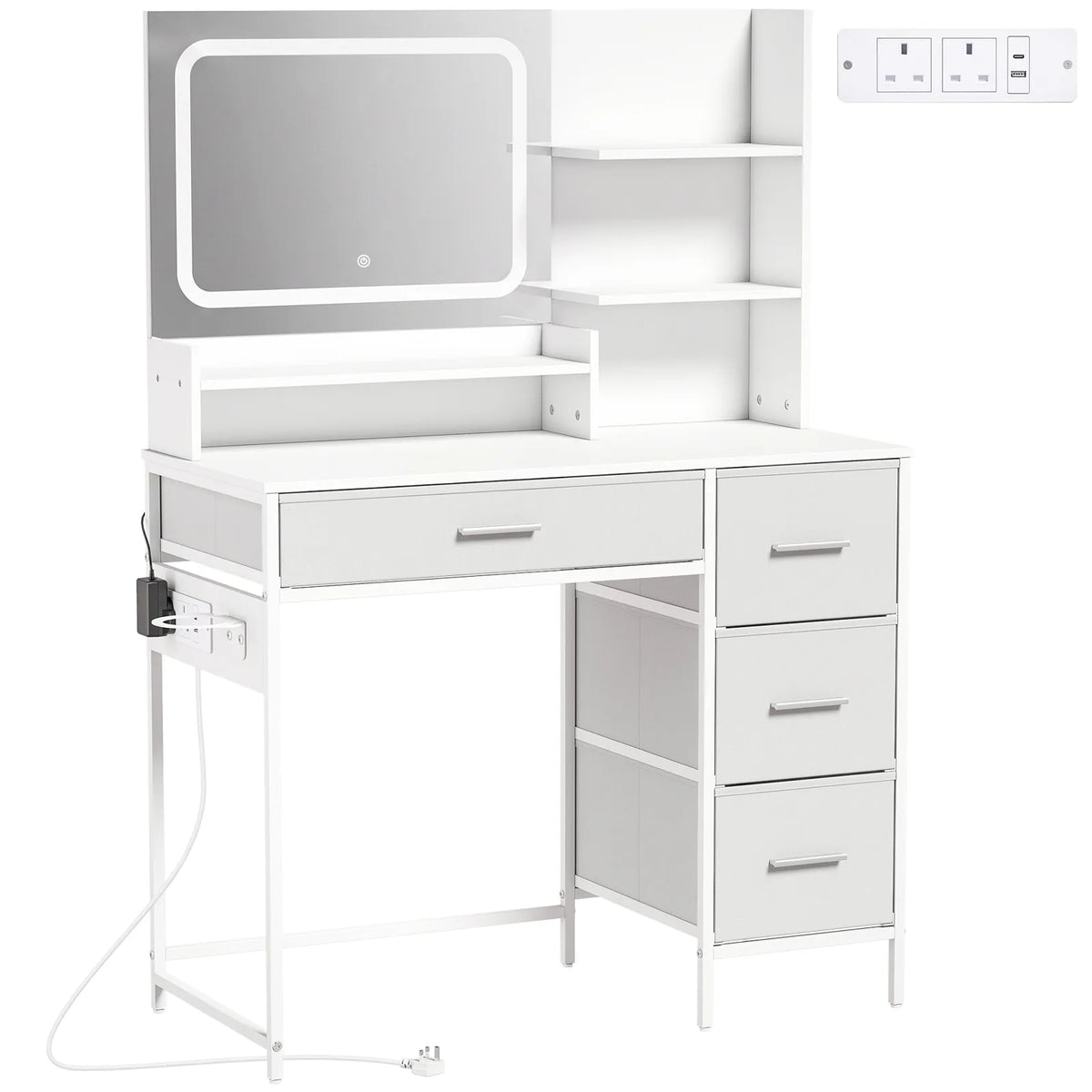 HOMCOM Dressing Table with 3-Colour LED Mirror, Power Outlets, 4 Drawers, 5 Shelves and Hair Dryer Holder