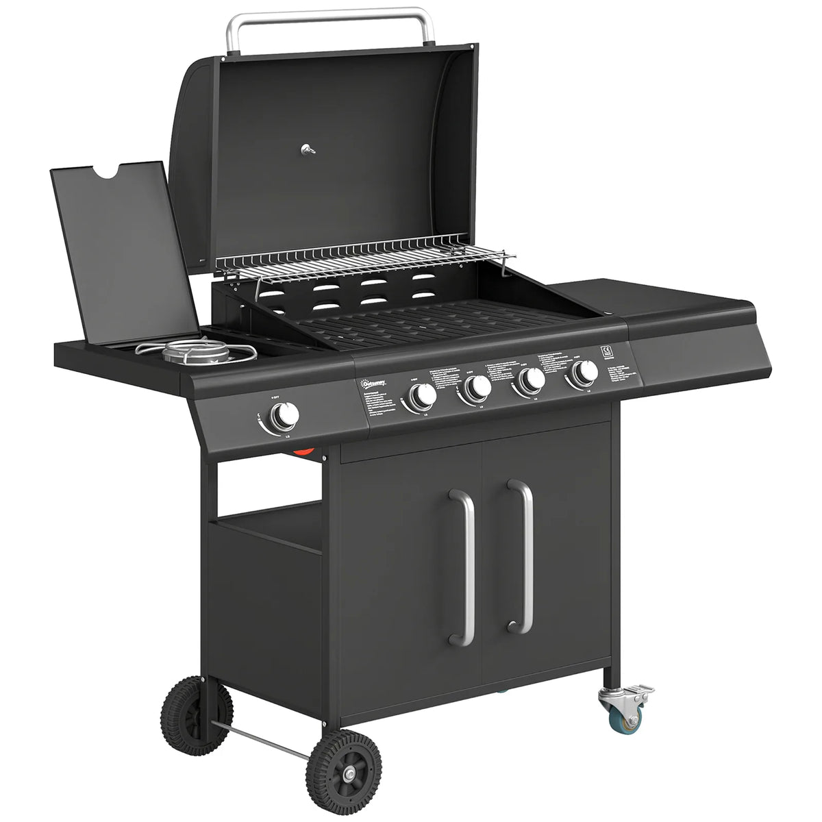 Outsunny 4 Burner Gas BBQ Grill with Storage Cabinet, 15.2 kW, Side Table & Warming Rack – Propane Barbecue Trolley on Wheels