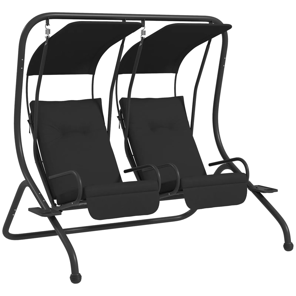 Outsunny Two-Seat Garden Swing Chair with Removable Protective Canopy and Cup Holders – Powder-Coated Steel Frame, Black