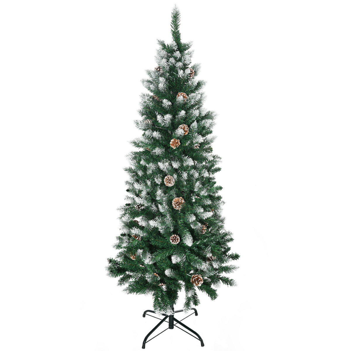 HOMCOM 5ft Snow Artificial Christmas Tree with Pine Cones, Bushy Unlit Tips & Steel Base – Holiday Home Decor