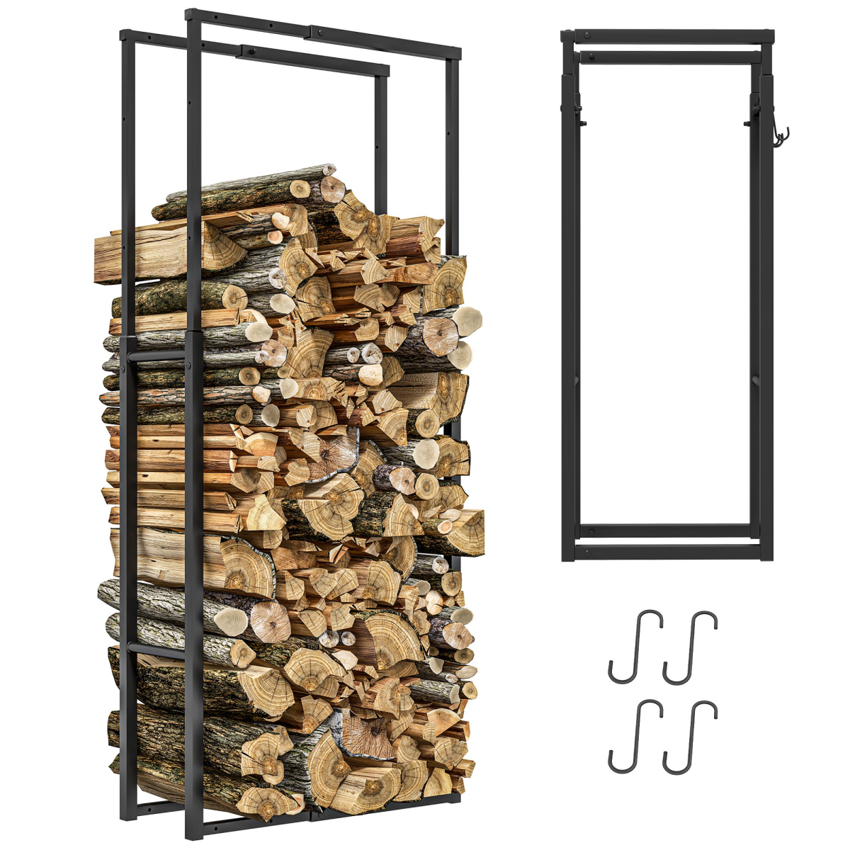 Outsunny Retractable Metal Firewood Log Holder Rack with Hooks, 100–150cm Adjustable – Black