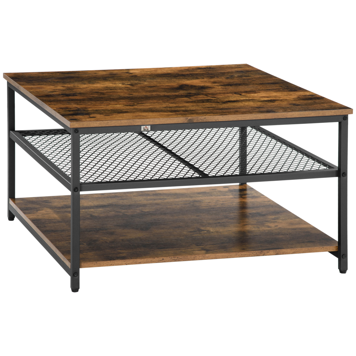 HOMCOM Industrial Coffee Table with 2 Storage Shelves – 3-Tier Living Room Cocktail Table, Rustic Brown