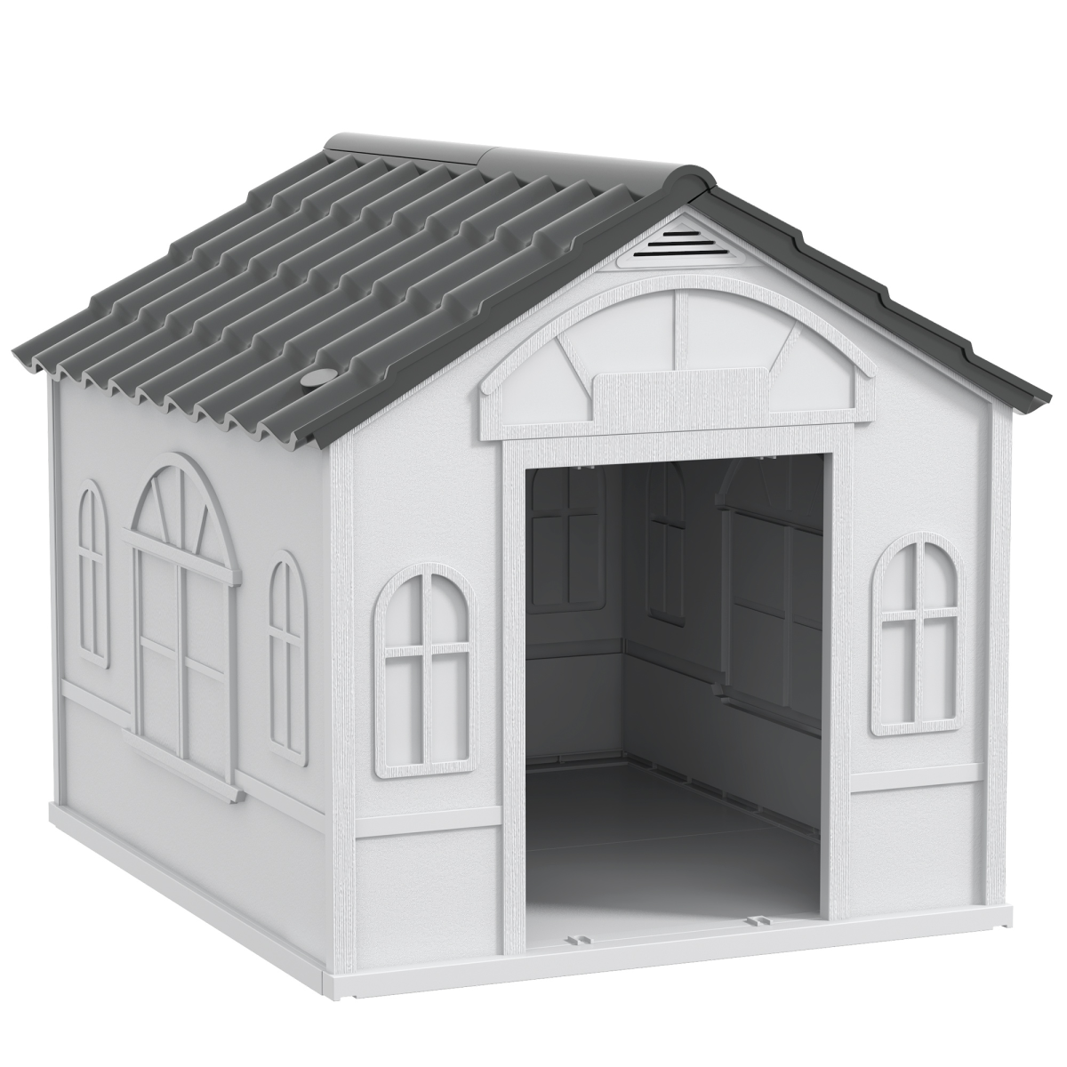 PawHut Weather-Resistant Dog House with Cottage Windows – Puppy Shelter for Medium Dogs up to 20kg, Grey