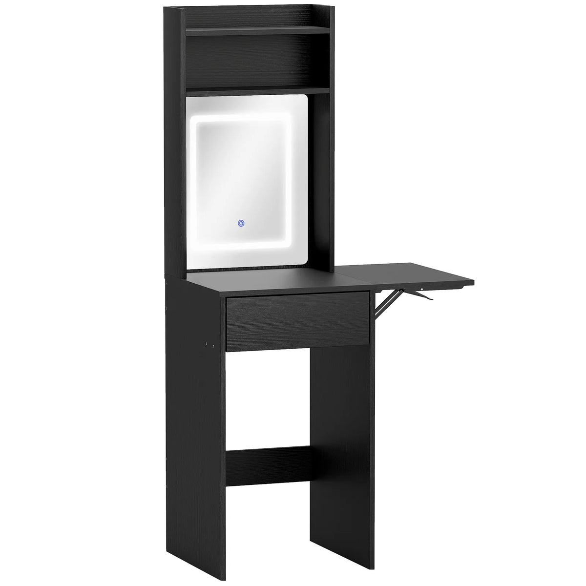 HOMCOM Small Vanity Desk with LED Mirror, Drop Leaf, Open Shelves and Drawer – Compact Dressing Table, Black